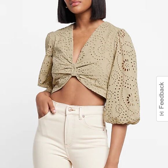 NWT Express Eyelet Puff Sleeve Cropped Top sz XS - Picture 1 of 8
